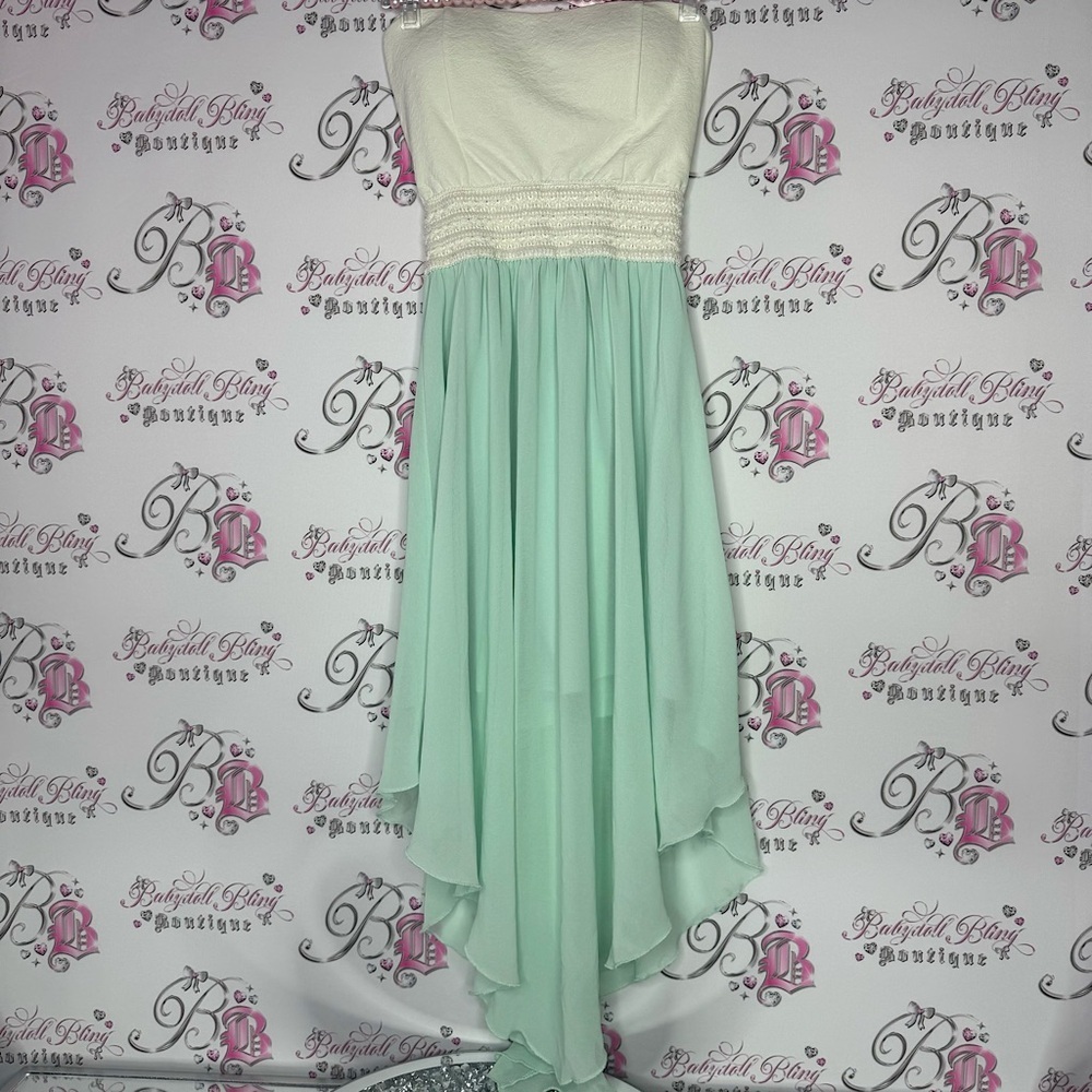 Urban heritage dress strapless light mint blue and white padded fairy hem y2k